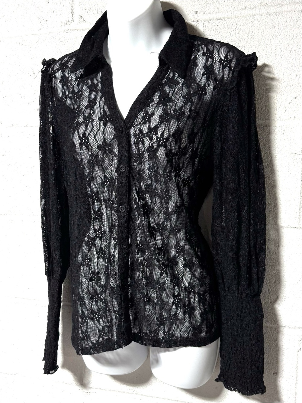 Amber Shu Black Sheer Lace Button Blouse L Whimsigoth Dark Coquette Ren Faire